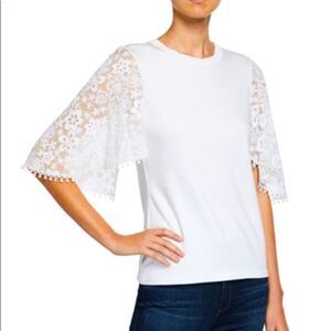 ELIE TAHARI “Ida” Crewneck Floral Embroidered Short Sleeve Knit Top